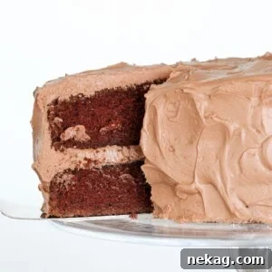 Chocolate Mayonnaise Cake on cake stand sliced, showcasing a rich, moist interior and creamy frosting.