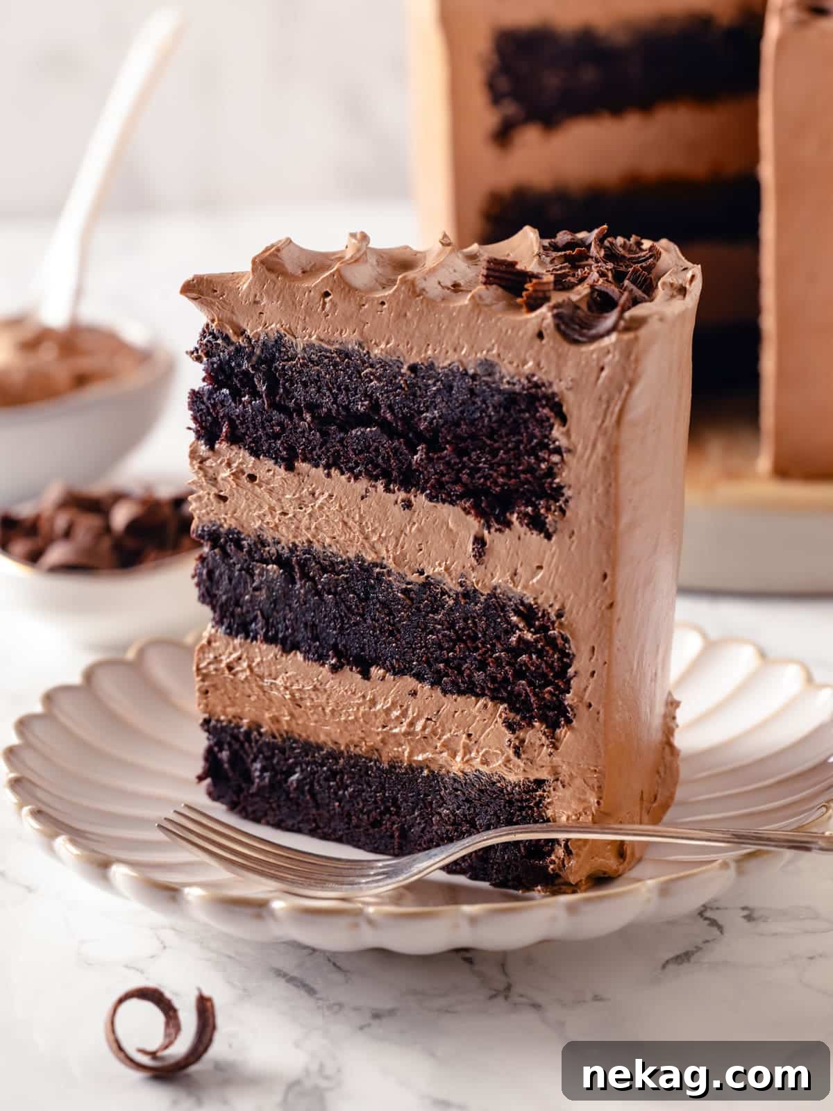 Sinfully Rich Chocolate Cake 2 A triangular slice of rich Devil’s Food Cake, beautifully garnished with delicate chocolate curls, sits beside the main cake.