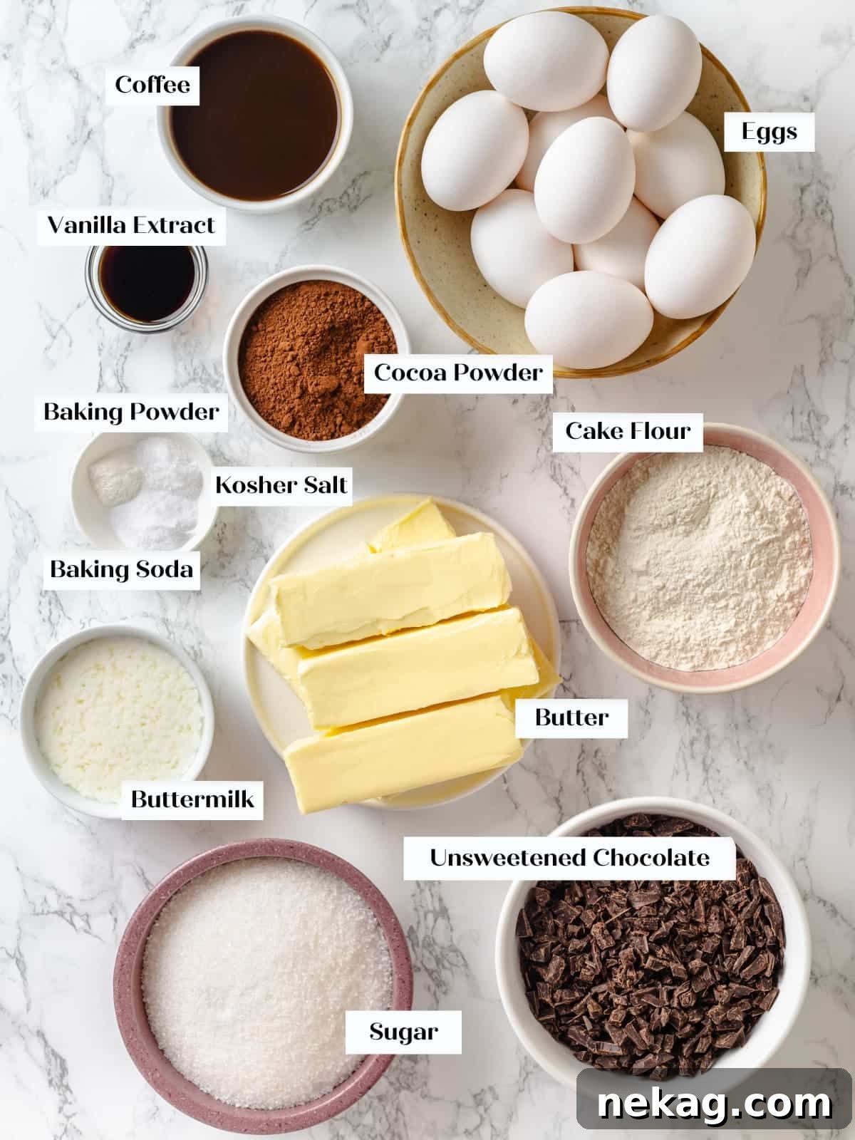 Sinfully Rich Chocolate Cake 4 All measured ingredients, neatly arranged on a kitchen counter, are ready for preparing the delicious Devil’s Food Cake.