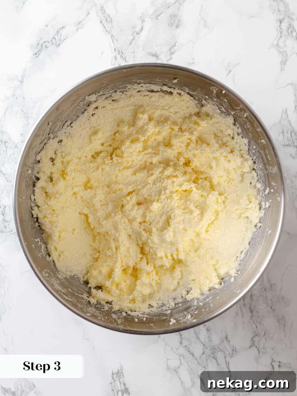 Sinfully Rich Chocolate Cake 7 Softened butter and granulated sugar have been beaten together until they are light, fluffy, and pale in color, marking the beginning of the Devil’s Food Cake batter.
