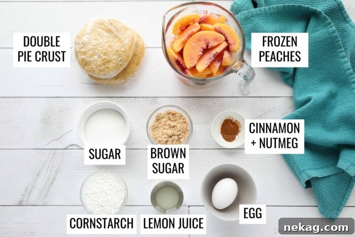 All the fresh ingredients for a peach pie laid out on a table, including peaches, sugars, spices, and pie crust.