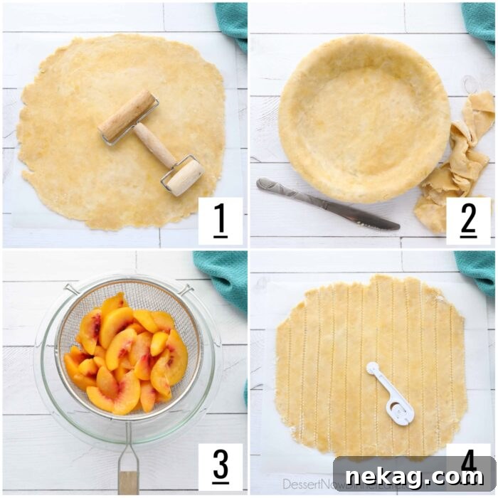 A visual guide showing the initial steps of making a peach pie, from rolling out the crust to mixing the filling.
