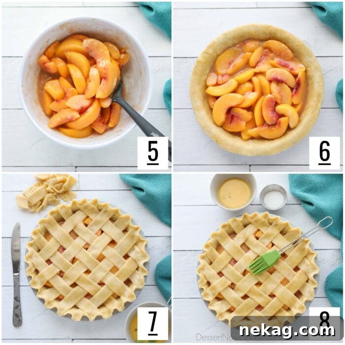 A series of images showing the assembly of a peach pie, from filling the crust to laying a lattice top.