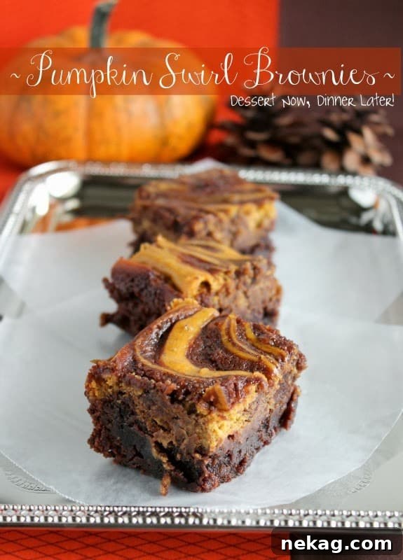 Close-up of baked Pumpkin Swirl Brownies showing the marbled pattern.