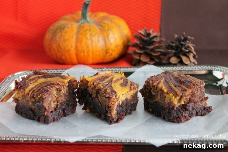 Slightly angled shot of Pumpkin Swirl Brownies, showing the thickness and marbled layers.