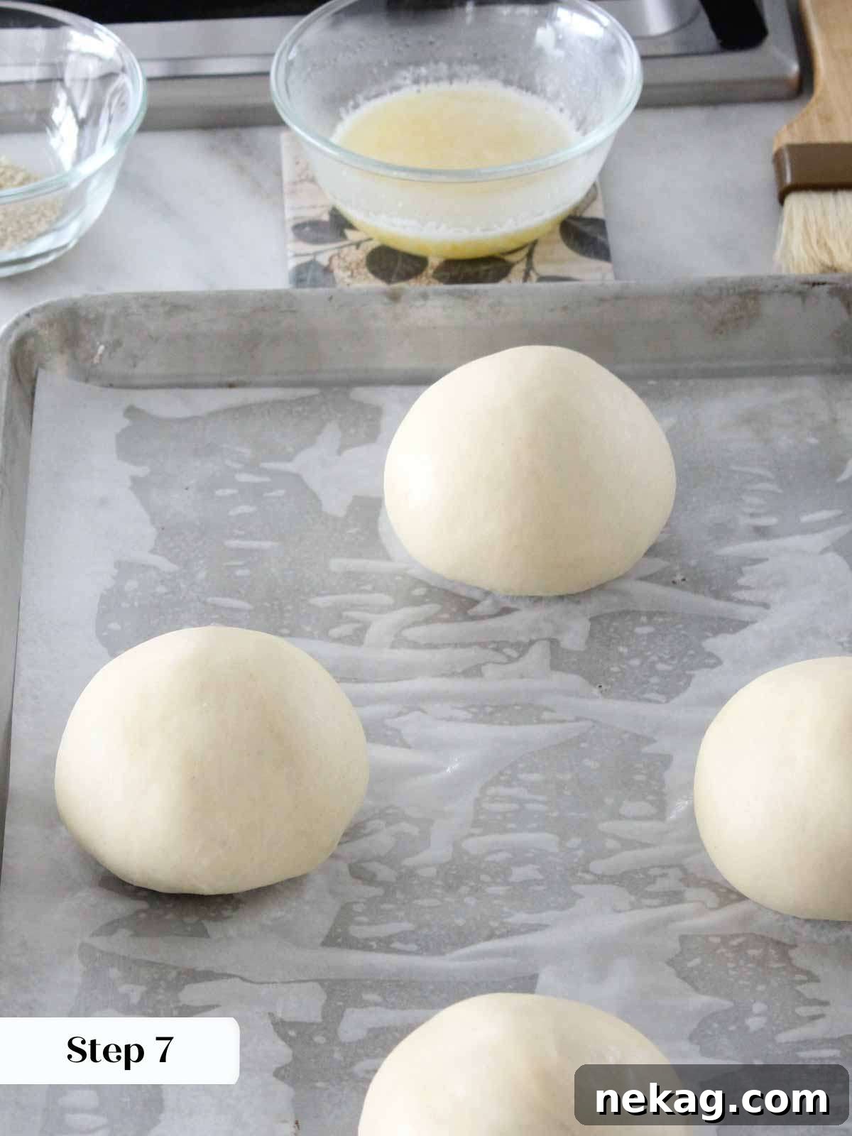 Pillowy Soft Brioche Buns 5 Beautifully shaped and proofed brioche buns, light and airy, ready for the oven.