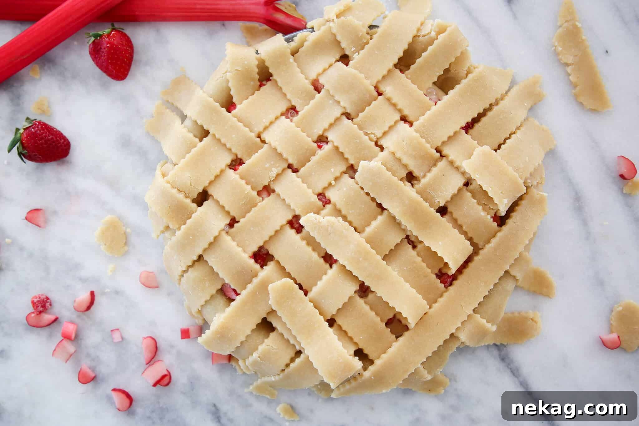 A delicious strawberry rhubarb pie featuring a beautiful almond lattice crust.
