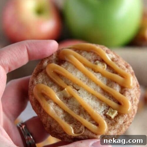 A stack of Caramel Apple Snickerdoodle cookies with a generous caramel drizzle.