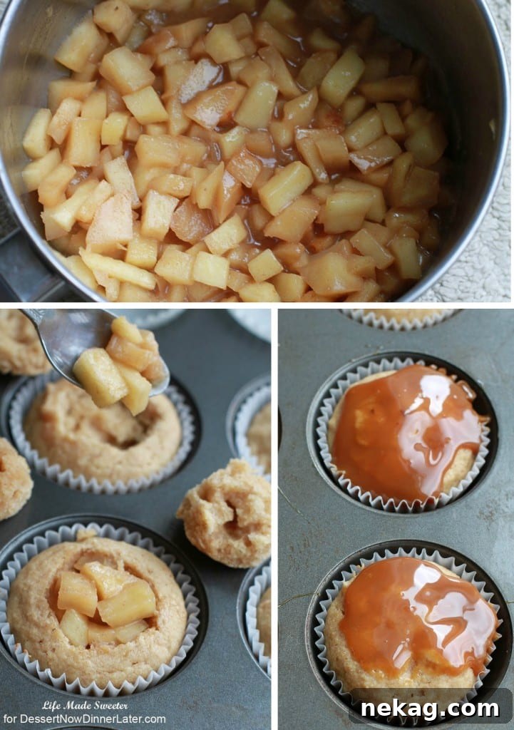 Collage showcasing the steps of making Apple Pie Cupcakes, including filling and frosting.