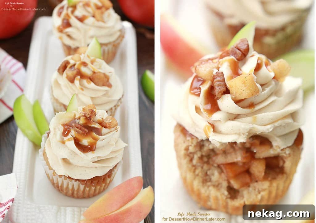 Beautifully arranged Apple Pie Cupcakes with salted caramel frosting and pecan garnish.