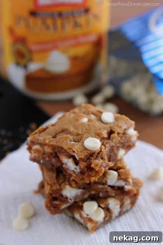 Autumn Spice Pumpkin White Chocolate Blondies 2 Fudgy Pumpkin White Chocolate Chip Blondies from DessertNowDinnerLater.com