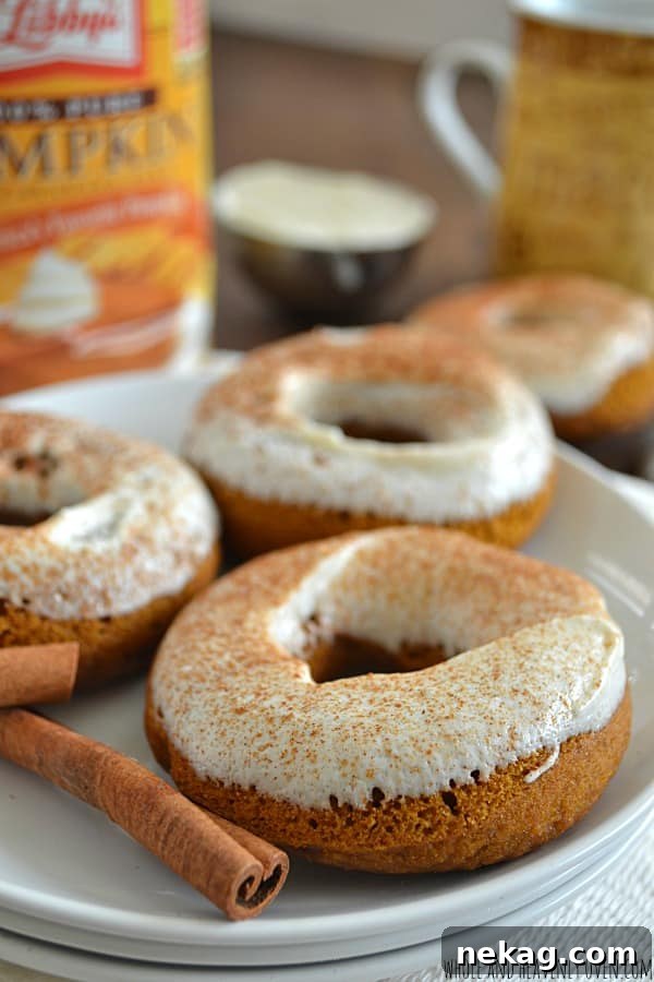Decadent Pumpkin Spice Cheesecake Donuts 4 A plate of freshly baked Pumpkin Spice Cheesecake Donuts, dusted with cinnamon.