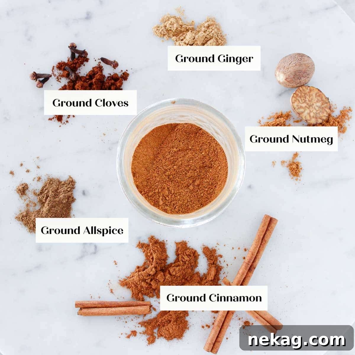 Pumpkin Spice Delights 4 Individual spices (cinnamon, ginger, cloves, nutmeg, allspice) arranged on a rustic surface, ready to be blended for pumpkin spice.