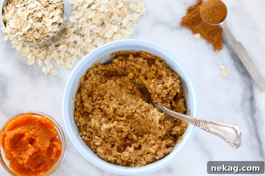 A bowl of creamy pumpkin spice oatmeal, topped with pecans, raisins, and a sprinkle of cinnamon, evoking warmth and comfort on a chilly fall day.