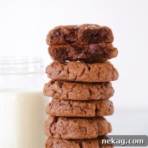 Double Chocolate Chip Cookies Stacked next to milk.