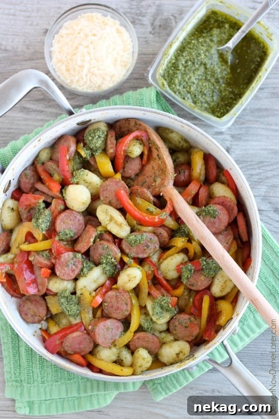 Close-up of Pesto Gnocchi with Sausage and Peppers showcasing ingredients