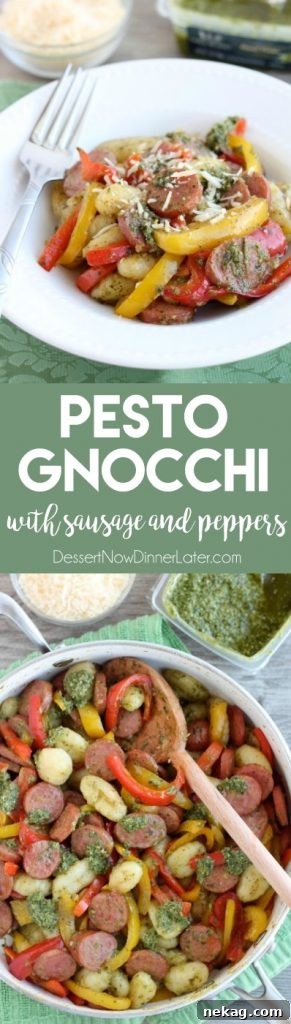 Pesto Gnocchi with Sausage and Peppers ready to serve