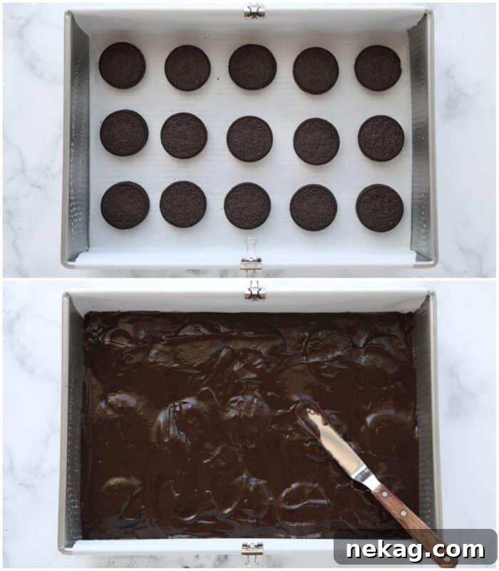 Fudgy Cookies and Cream Brownies 7 Sequential steps illustrating the preparation of Oreo brownies, from placing Oreo cookies in a baking pan to spreading rich brownie batter over them, ready for baking.