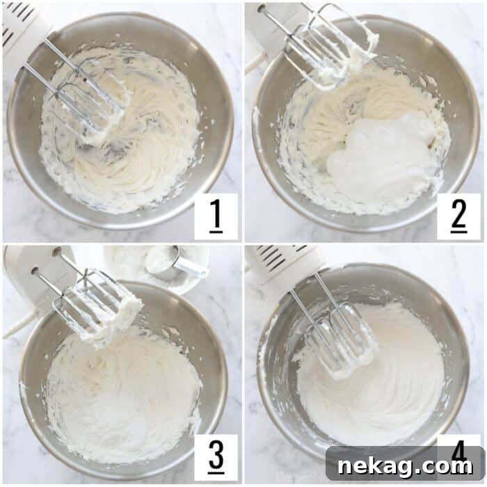 Fudgy Cookies and Cream Brownies 8 A visual guide showing the steps to create fluffy marshmallow frosting, including beating butter and shortening, mixing in marshmallow creme, and incorporating powdered sugar.