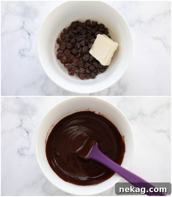 Fudgy Cookies and Cream Brownies 9 The process of making quick fudge sauce, showing chocolate chips, butter, and corn syrup being combined in a microwave-safe bowl, ready for melting.