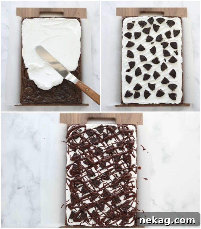 Fudgy Cookies and Cream Brownies 10 A three-panel image demonstrating the assembly of Cookies and Cream Oreo brownies: spreading marshmallow frosting, topping with chopped Oreos, and drizzling with fudge sauce.