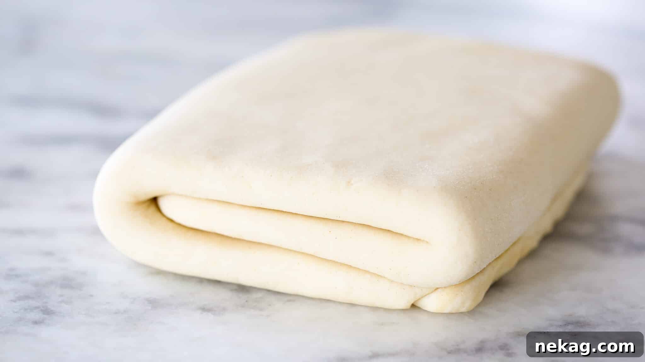 Quintessential Puff Pastry 3 Classic Puff Pastry dough on a marble surface