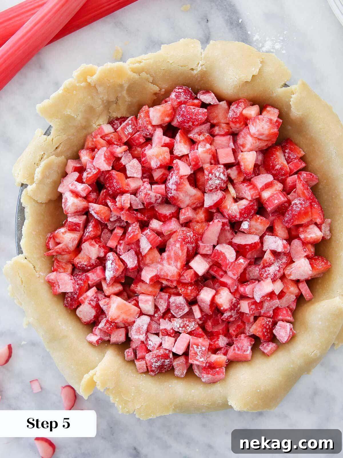 Strawberry Rhubarb Delight 4 Chopped strawberries and rhubarb mixed with cornstarch, perfectly arranged and ready in the bottom pie crust.
