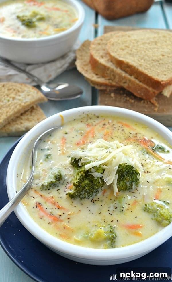 Velvety Broccoli Cheese Soup 4 Close-up of golden, melted cheese in broccoli cheese soup
