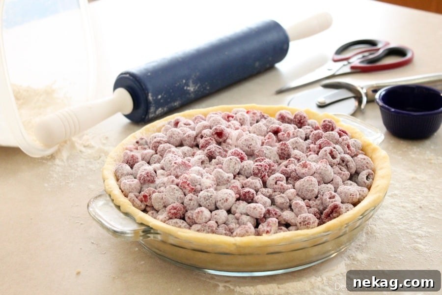 Pie dish filled with raspberry pie filling, ready for the lattice top, showing the vibrant color of the fruit.