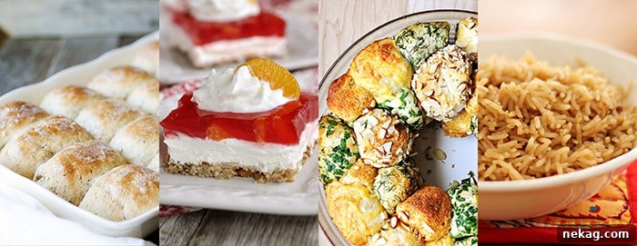 A selection of side dishes and breads, including rolls and rice, ideal for a complete holiday meal.