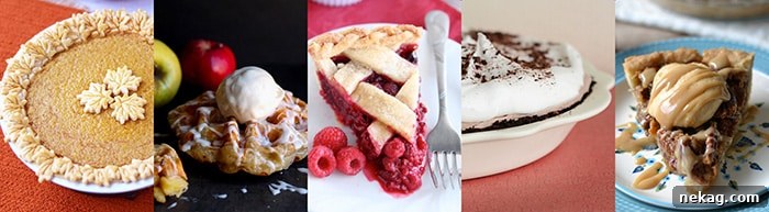 Various tempting pie recipes, from pumpkin to chocolate, perfect for a grand holiday dessert spread.