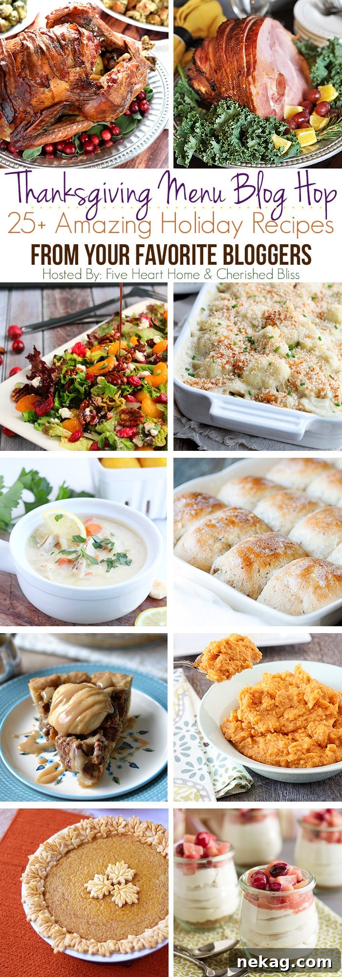 A collage of various Thanksgiving and holiday menu recipes, featuring main dishes, sides, and desserts from a blog hop.