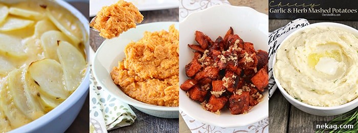Various potato recipes, from mashed to au gratin, offering hearty additions to your holiday spread.