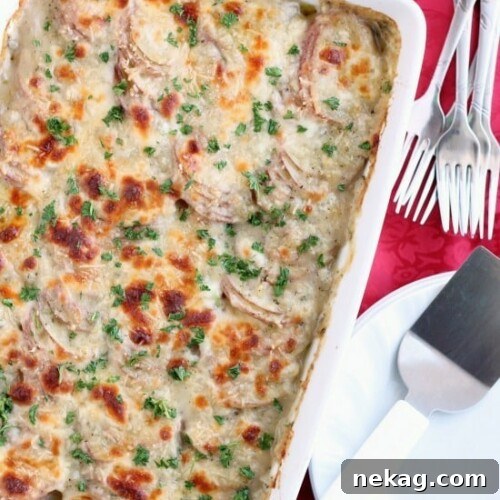 Tuscan Scalloped Potatoes - Thinly sliced potatoes covered in a simple Tuscan seasoned sauce, topped with Parmesan and Mozzarella cheeses, then baked and browned to perfection!