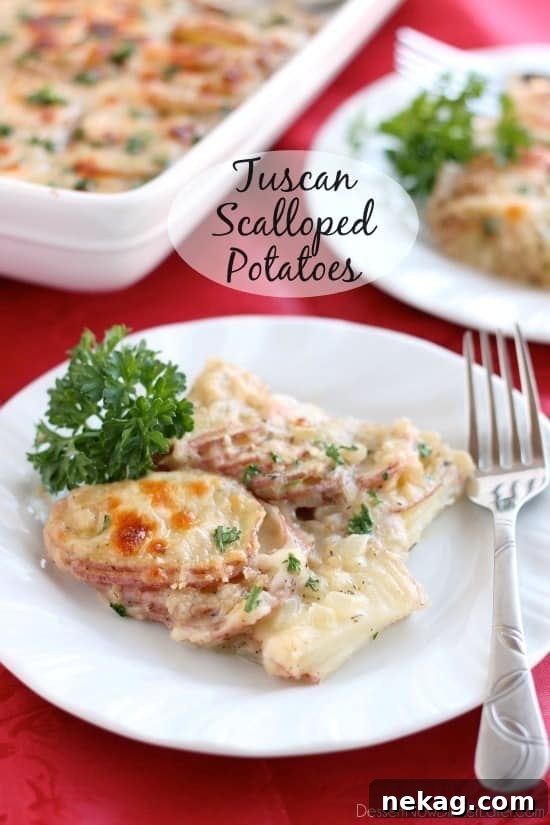 Tuscan Scalloped Potatoes - Thinly sliced potatoes in a rich Tuscan sauce, topped with Parmesan and Mozzarella, baked to perfection.