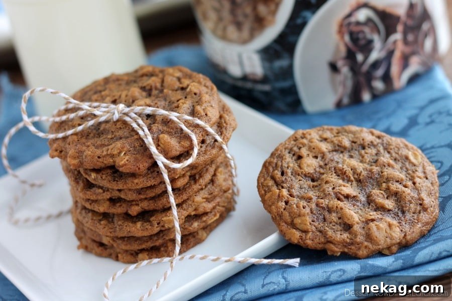Close-up of freshly baked Gingersnap Oatmeal Cookies, showing their chewy texture and spice.