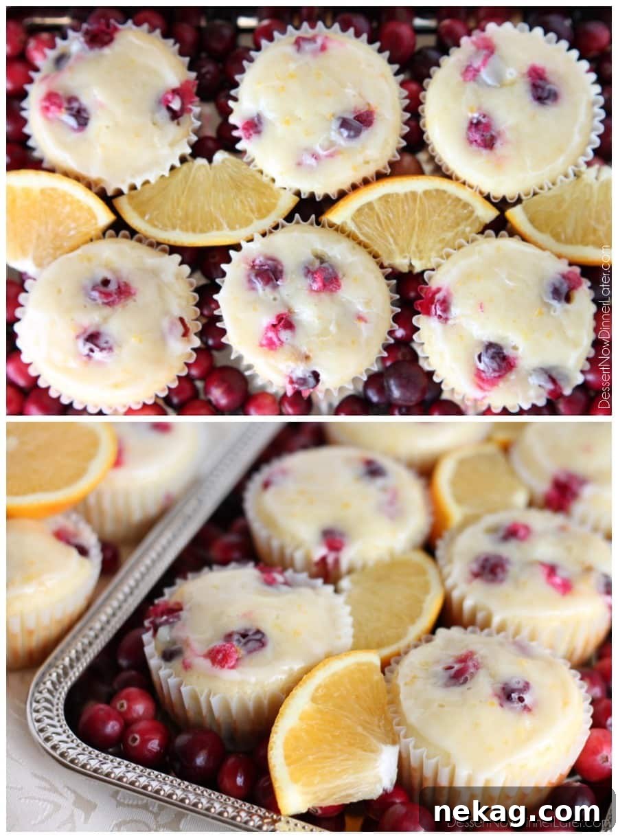 Close-up of freshly baked Cranberry Orange Muffins, showing their fluffy texture and juicy cranberries, drizzled with a rich orange glaze.