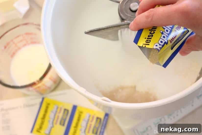 Dry ingredients for dinner rolls in a mixing bowl, ready to be combined