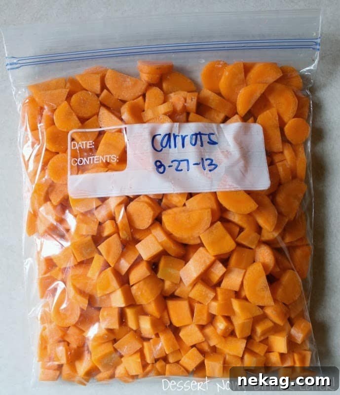 Fresh Frozen Staples 8 A labeled zip-top bag filled with frozen diced carrots, prepared for freezer storage.