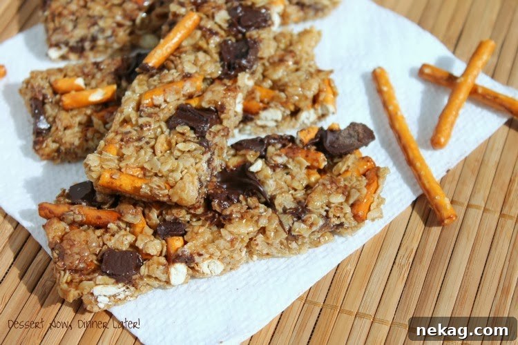 Sweet and Salty Peanut Pretzel Crunch Bars 3 Close-up of a single Peanut Butter Pretzel Granola Bar, showing texture