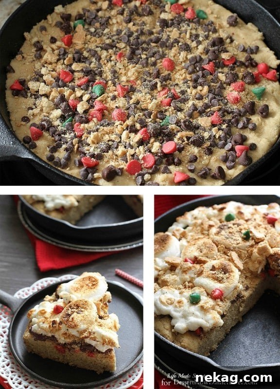 Close-up of Gingerbread S'mores Cookie Pizza dough pressed into a skillet, topped with chocolate chips and graham crackers before baking.