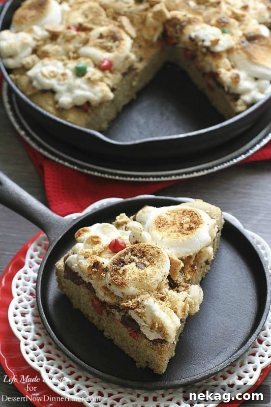 Freshly baked Gingerbread S'mores Cookie Pizza, just removed from the broiler with perfectly toasted marshmallows.