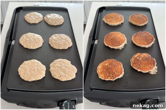 Cooking banana pancakes on an electric griddle.