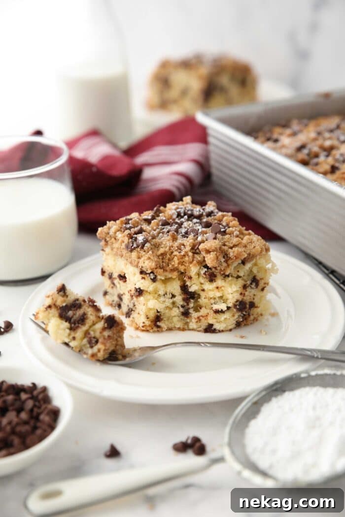 Decadent Chocolate Chip Coffee Cake 11 A fork taking a bite from a piece of chocolate chip crumb cake on a plate, showing the soft interior.