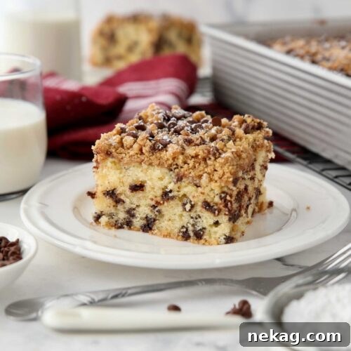 Decadent Chocolate Chip Coffee Cake 12 Side view of a piece of chocolate chip coffee cake on a plate.