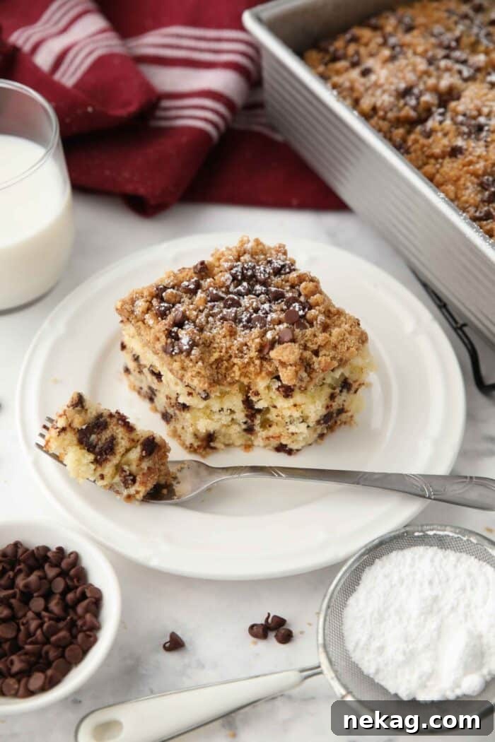 Decadent Chocolate Chip Coffee Cake 3 A fork taking a bite out of a delicious slice of chocolate chip coffee cake on a plate, highlighting the crumb topping and chocolate.