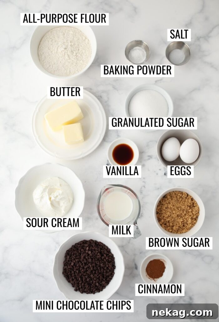 Decadent Chocolate Chip Coffee Cake 5 A flat lay of all the essential ingredients for making chocolate chip coffee cake, neatly arranged on a white surface.