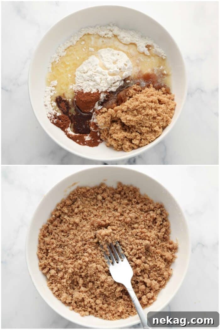 Decadent Chocolate Chip Coffee Cake 6 Close-up step-by-step photos illustrating how to combine ingredients for the crumb topping.