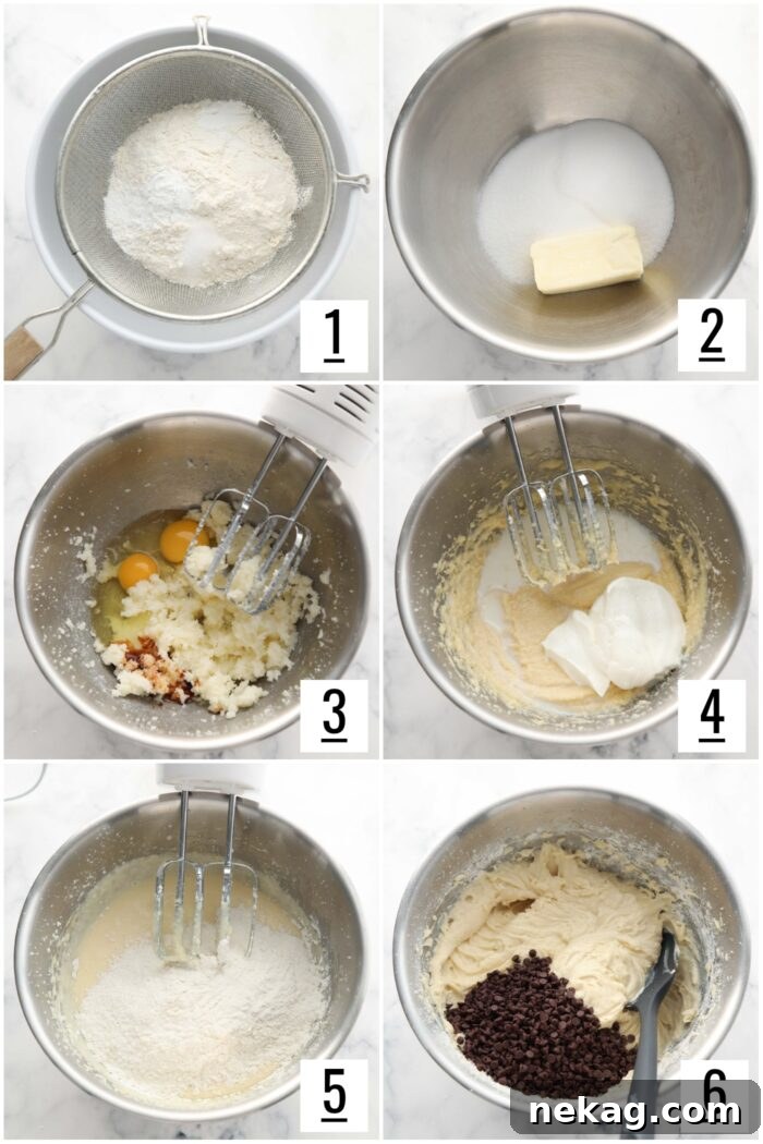 Decadent Chocolate Chip Coffee Cake 7 Sequential images demonstrating the process of mixing wet and dry ingredients for the coffee cake batter.