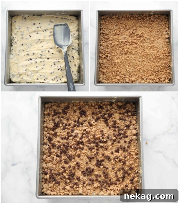 Decadent Chocolate Chip Coffee Cake 8 A series of photos showing the chocolate chip coffee cake batter being spread into a pan and topped with streusel and extra chocolate chips.
